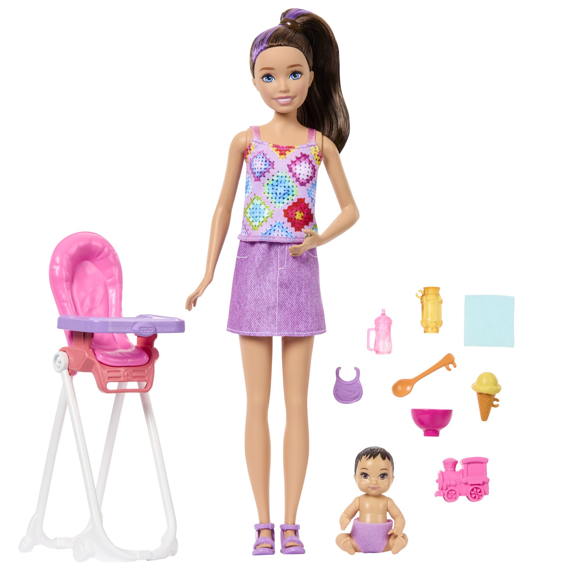 Barbie SKIPPER BABYSITTER pestúnka s jedálnou stoličkou