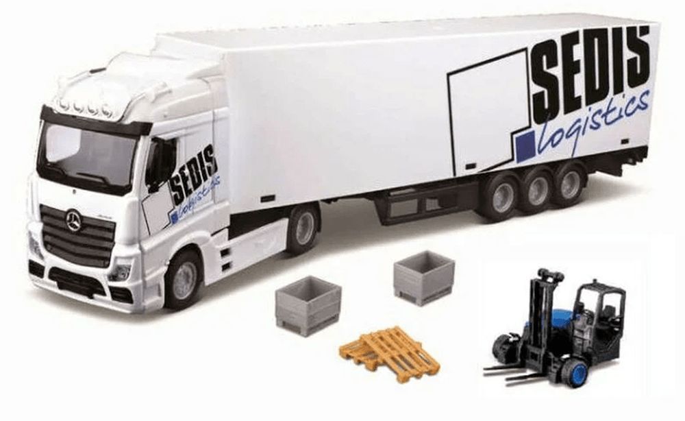 Bburago 1:43 MB Actros SEDIS Logistics s vysokozdvižným vozíkom a príslušenstvom